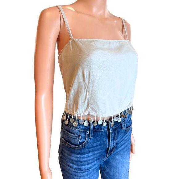 NWT Jason Wu Beige Linen Blend Beaded Shells Crop Top - Picture 2 of 5